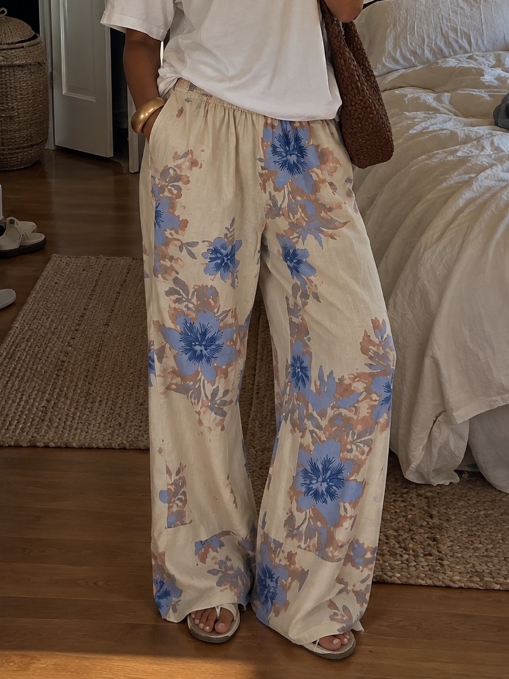 Free People Days End Printed Linen Pull On Pant in Ivory Combo Floral